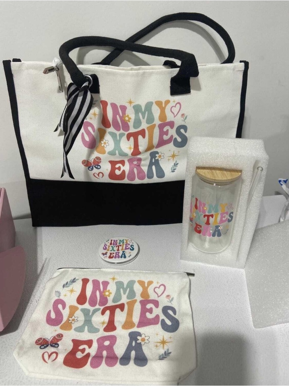 Colorful "In My Sixties Era" Tote Bag & Pouch Set